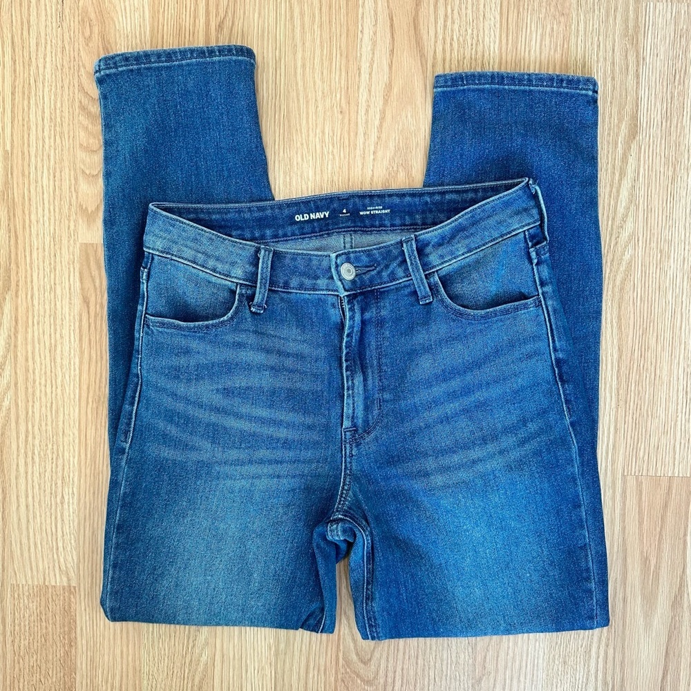 OLD NAVY High-Rise Wow Straight Blue Jeans, 4 Short